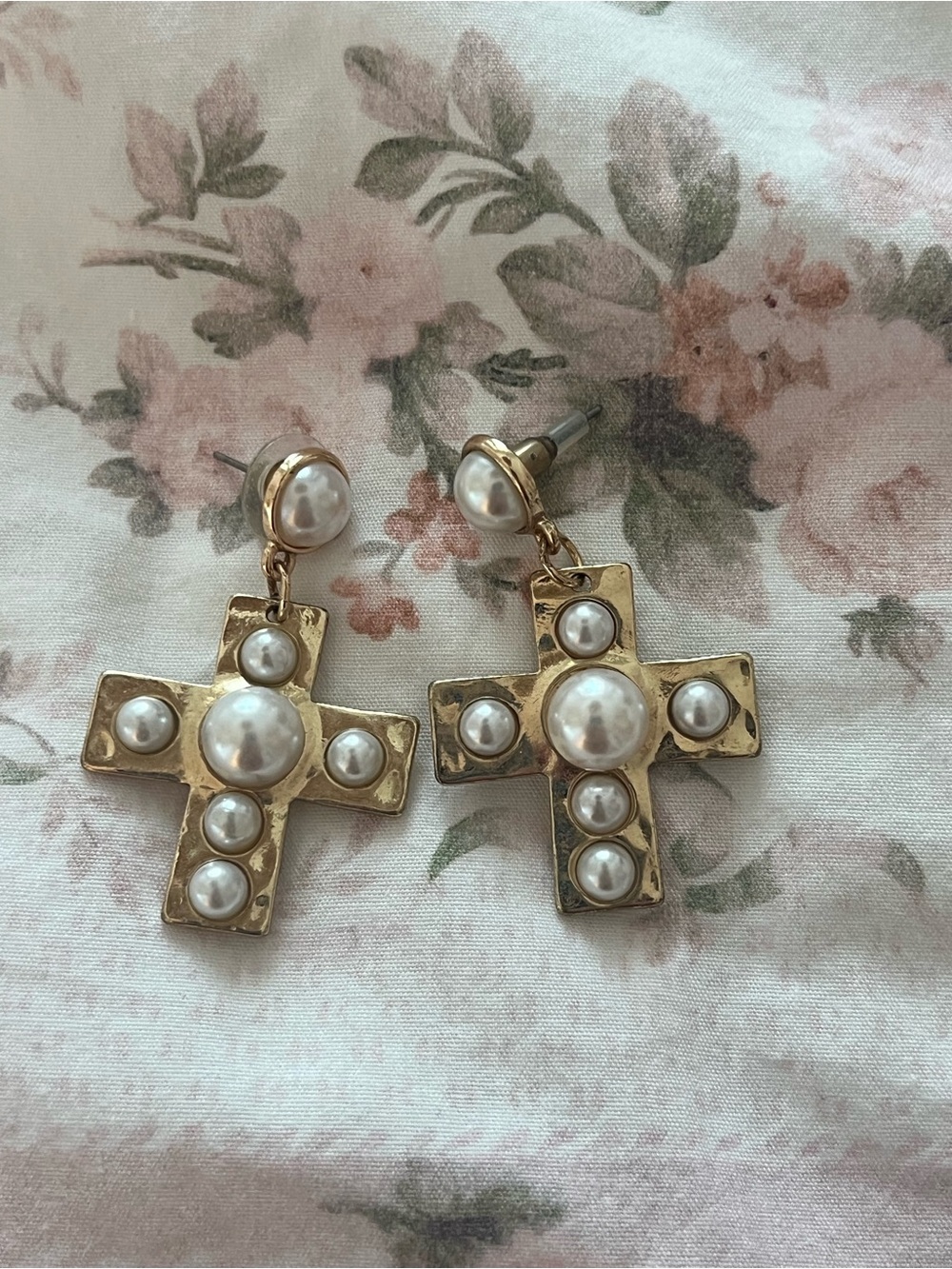 Gold-tone Cross Pearl Drop Earrings
